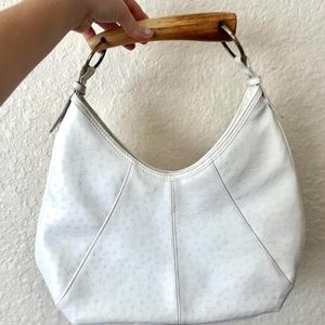 Vintage Ostrich skin bag with wooden handle.